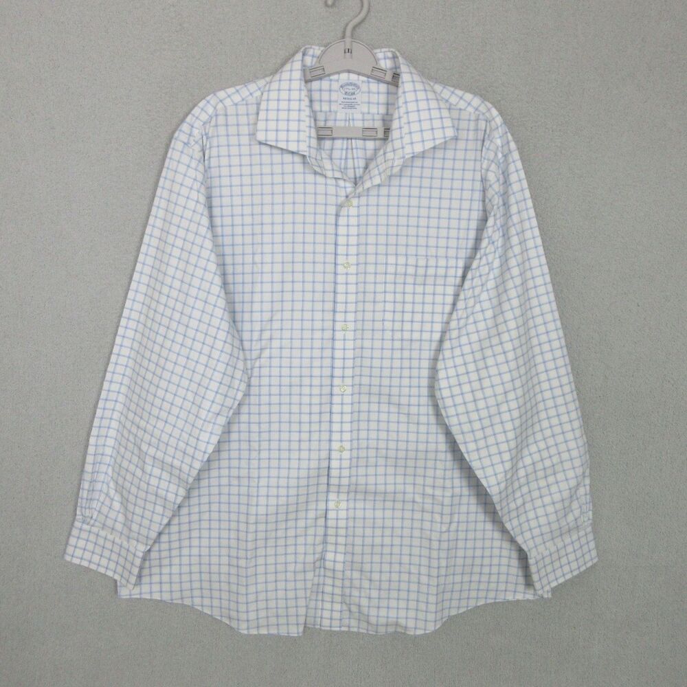 Brooks Brothers Dress Shirt Mens 17.5 35 Regular White Blue Windowpane Non Iron